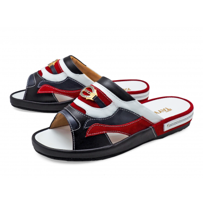 Men Sandals SKF-37 Black-Navy-White Nappa-Red Suede (เหลดใหม่ปีกโค้ง)